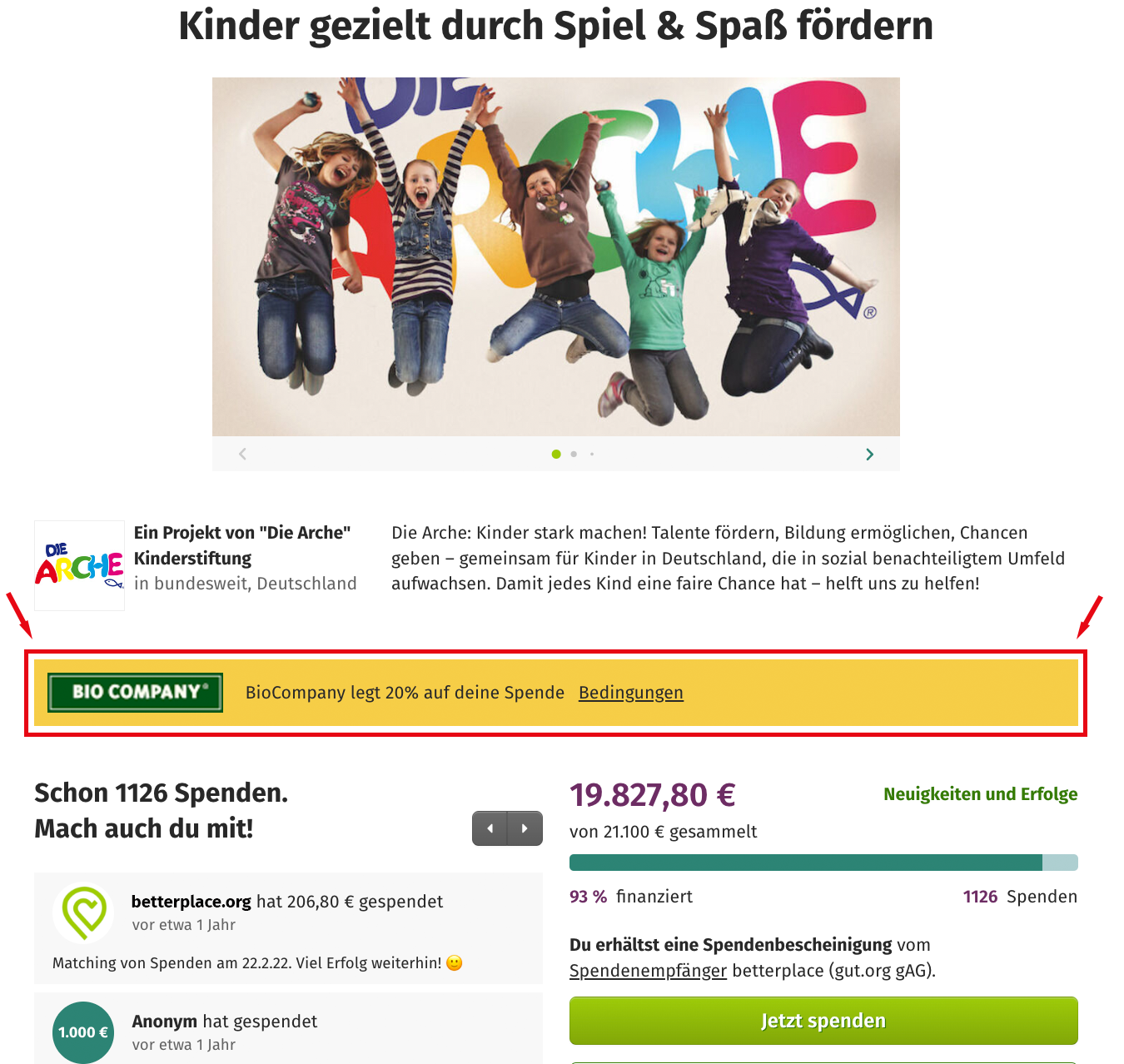 Eine Beispielseite von einem Projekt von 'Die Arche', auf der mit einem gelben Balken hervorgehoben wird, dass die Bio Company 20 % auf jede Spende drauflegt